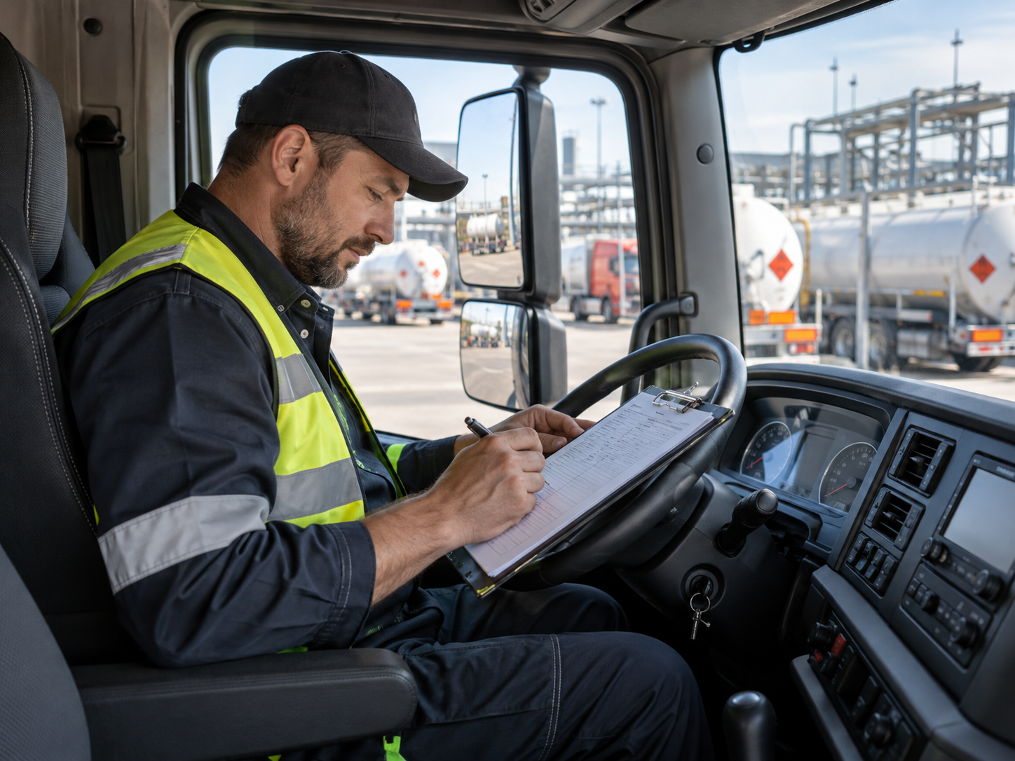 Vrachtwagenchauffeur controleert vrachtdocumenten